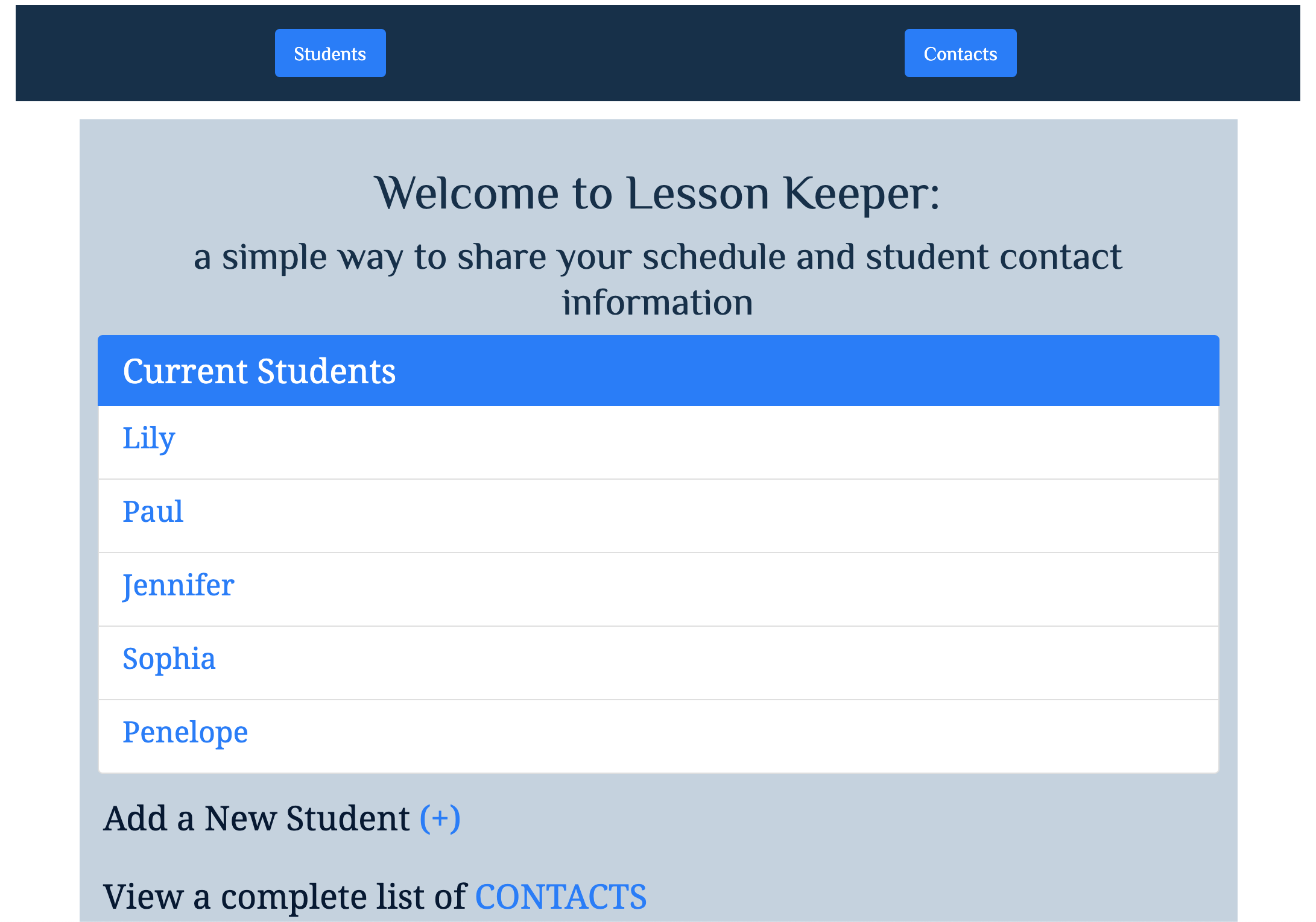 screenshot of sample student list