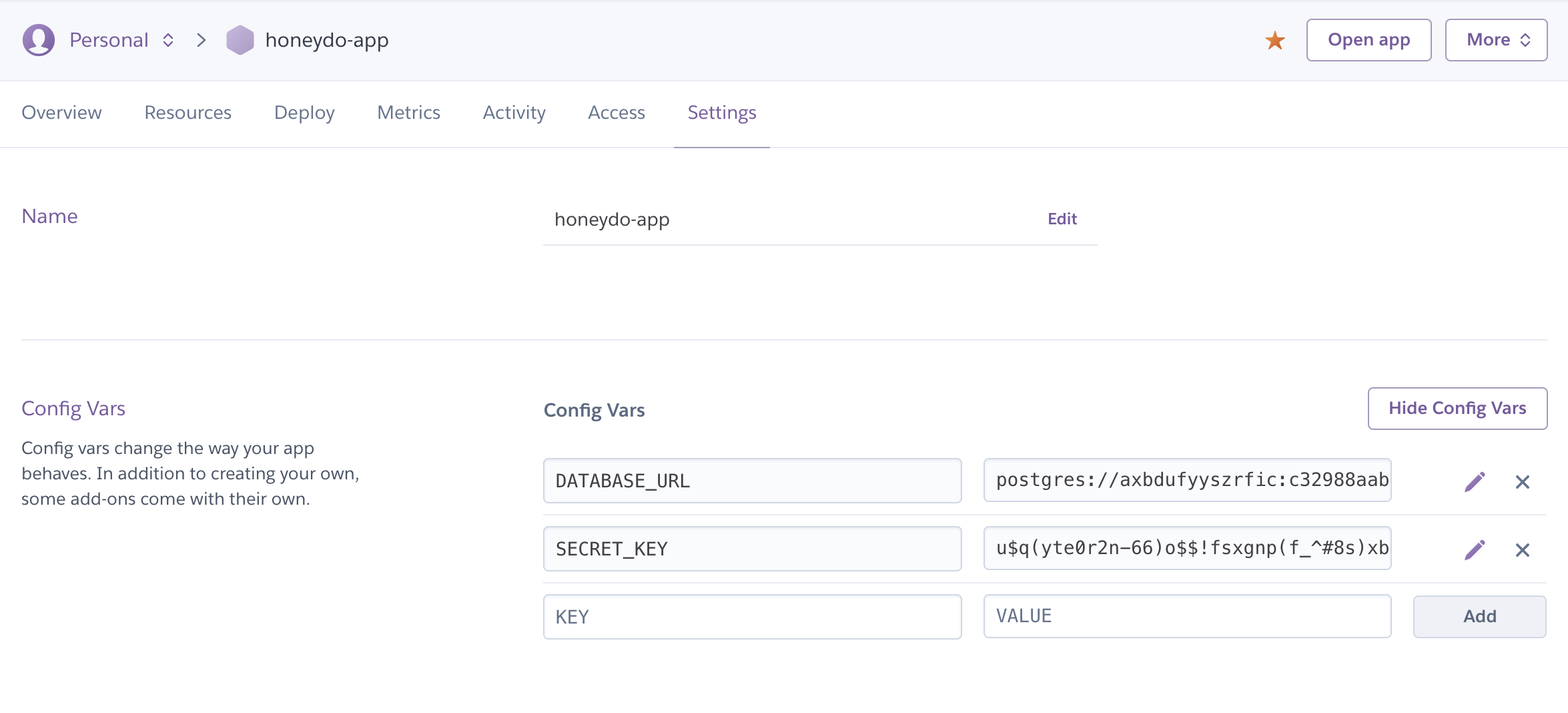 display where to add the secret key to Heroku settings